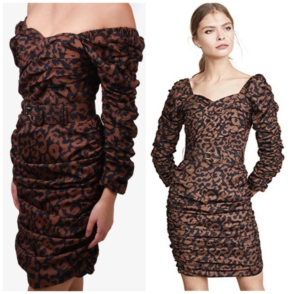 Nicholas Gathered Ruched Belted Leopard Print Mini Dress Brown Cocktail Party